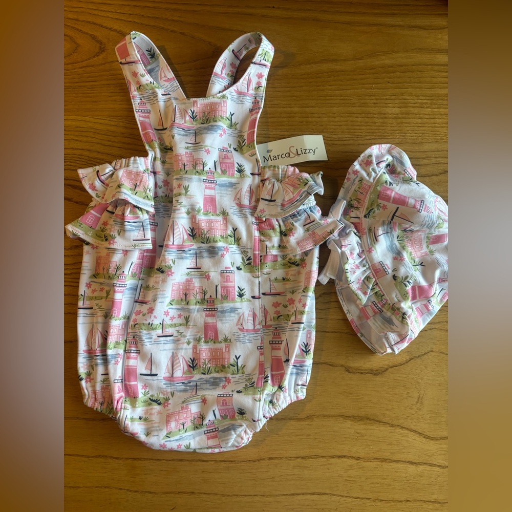 NEW WITH TAGS Marco & Lizzy 24m St Bart Baby girl's Bubble and Hat Set